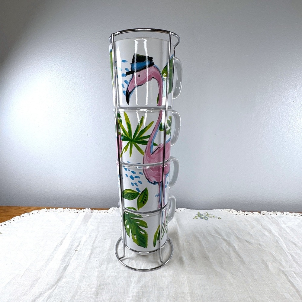 Hobby Lobby Miami Fierce Flamingo Stacking Mugs Set of 4 with Chrome Stand 15oz